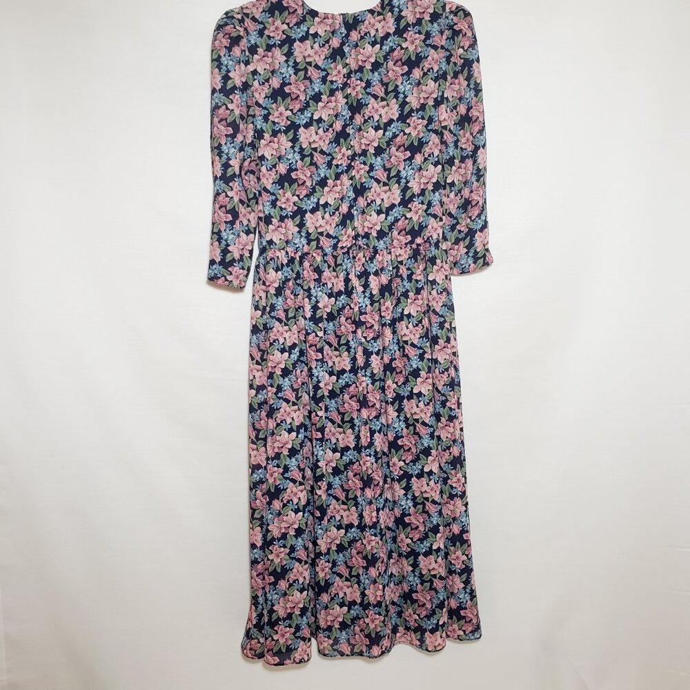 Vintage Navy Floral Midi Dress with Pink Blossoms - Picture 2 of 7